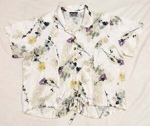 Vintage Floral Linen Blend Blouse Plus Size 20 Cottagecore Tie Waist